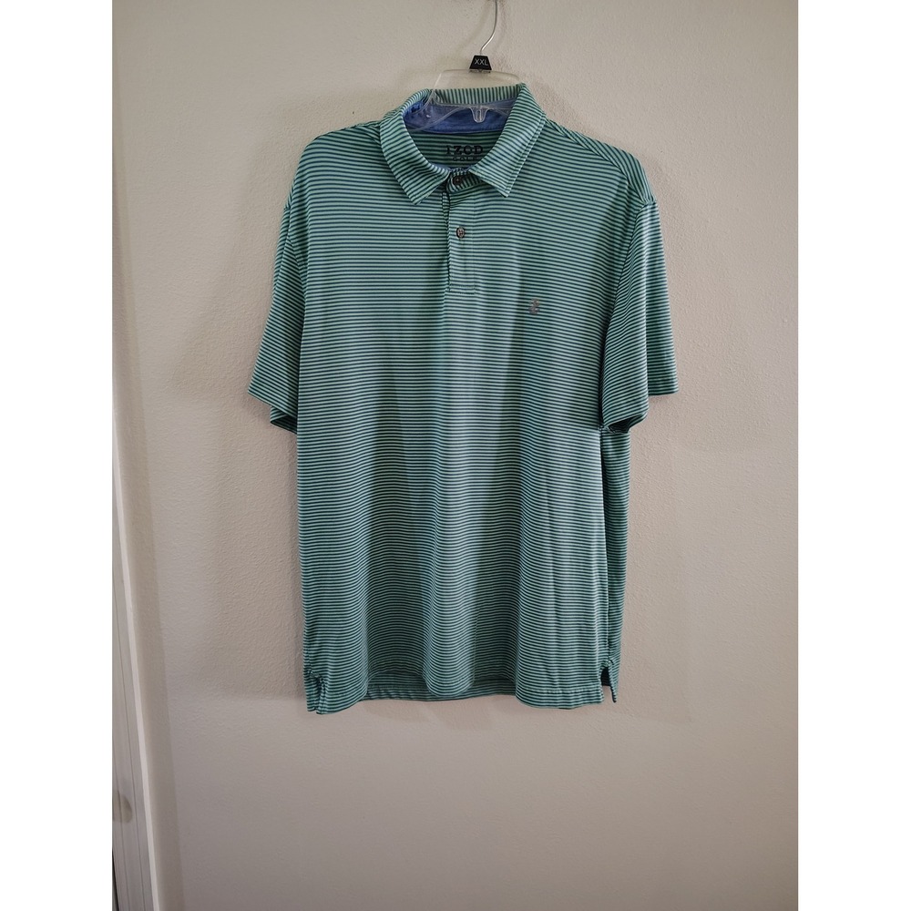 Izod Golf‎ Polo Shirt  Large Green Blue Striped Short Sleeve Stretch Performance